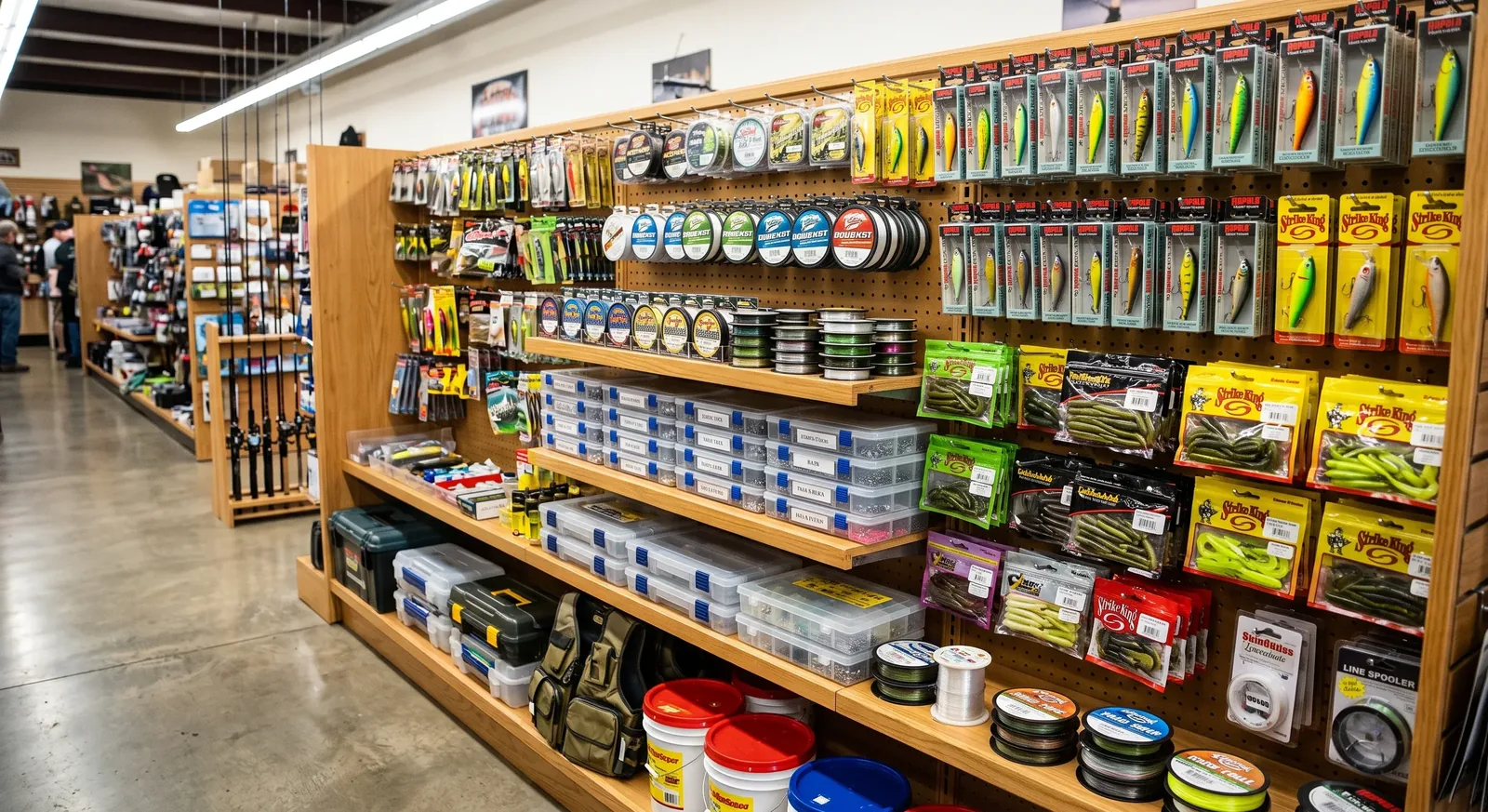 Estantería con surtido variado de productos de pesca populares y bien organizados