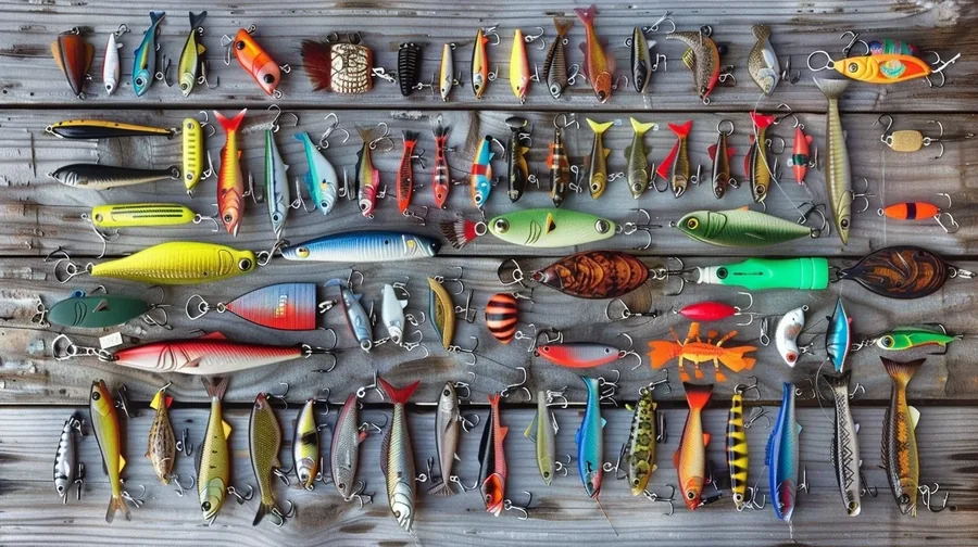 Surtido variado de señuelos duros para black bass: crankbaits, jerkbaits y poppers juntos en una caja de pesca
