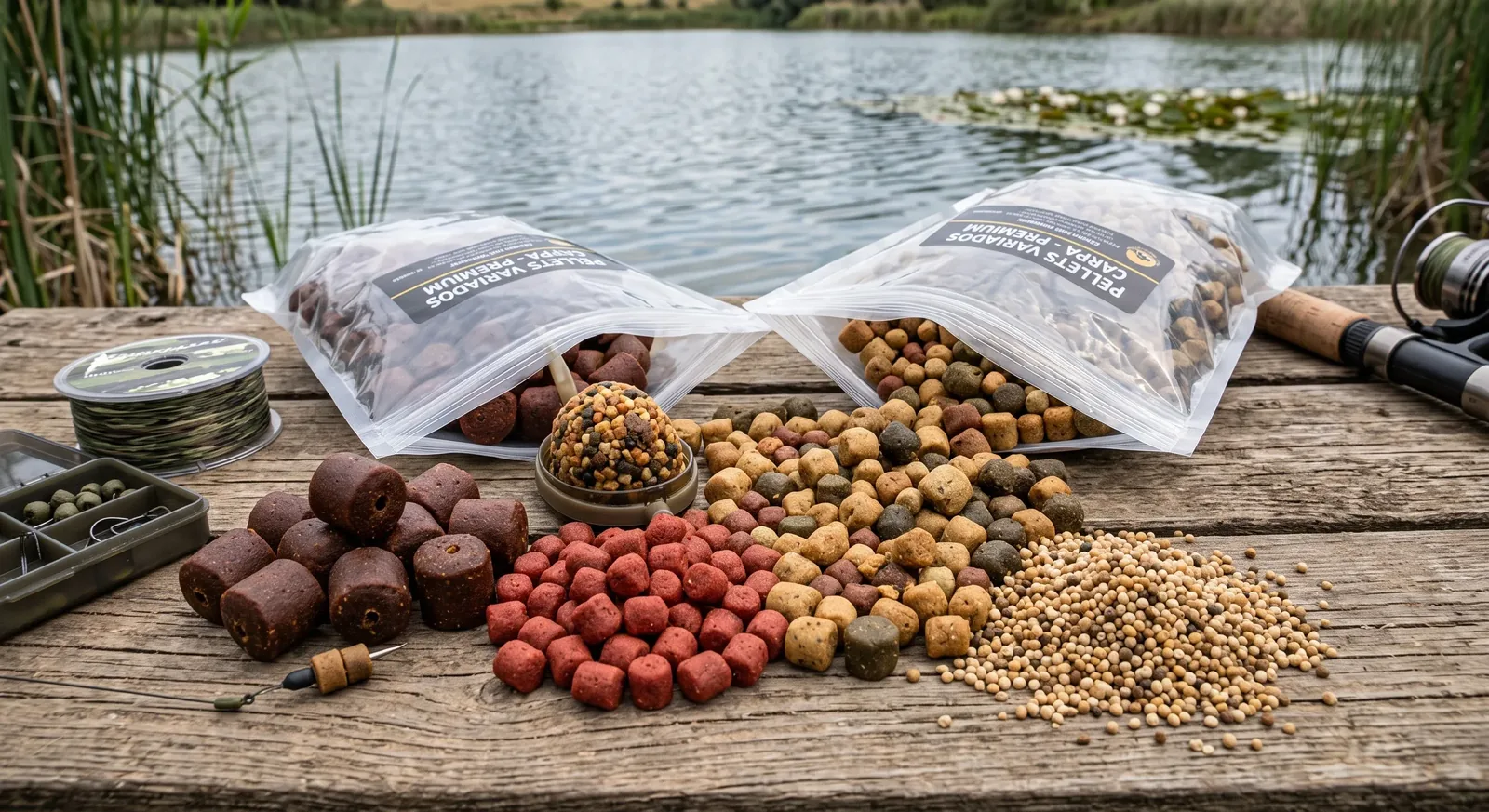 Primer plano de pellets de distintos tamaños preparados para cebar carpfishing