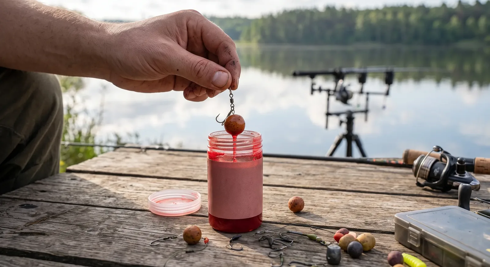 Botes de dip líquido junto a boilies puestos en remojo antes de una sesión de pesca