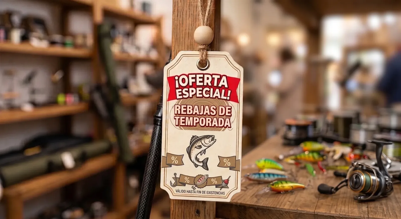 Etiqueta de descuento sobre una cesta variada de artículos de pesca en oferta
