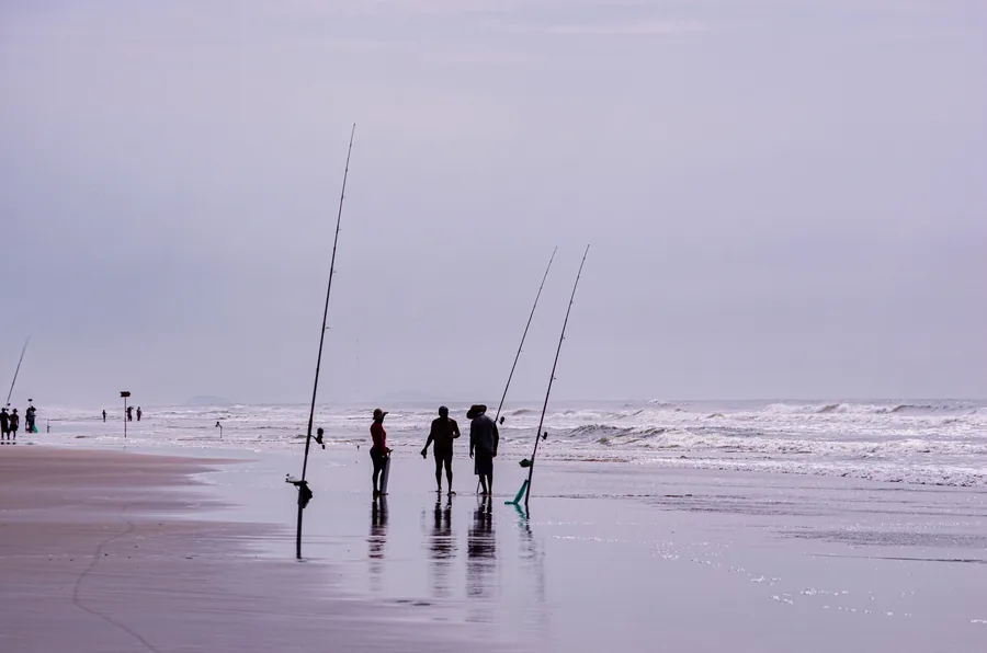 Caña de surfcasting larga con anillas grandes clavada en la arena frente al mar