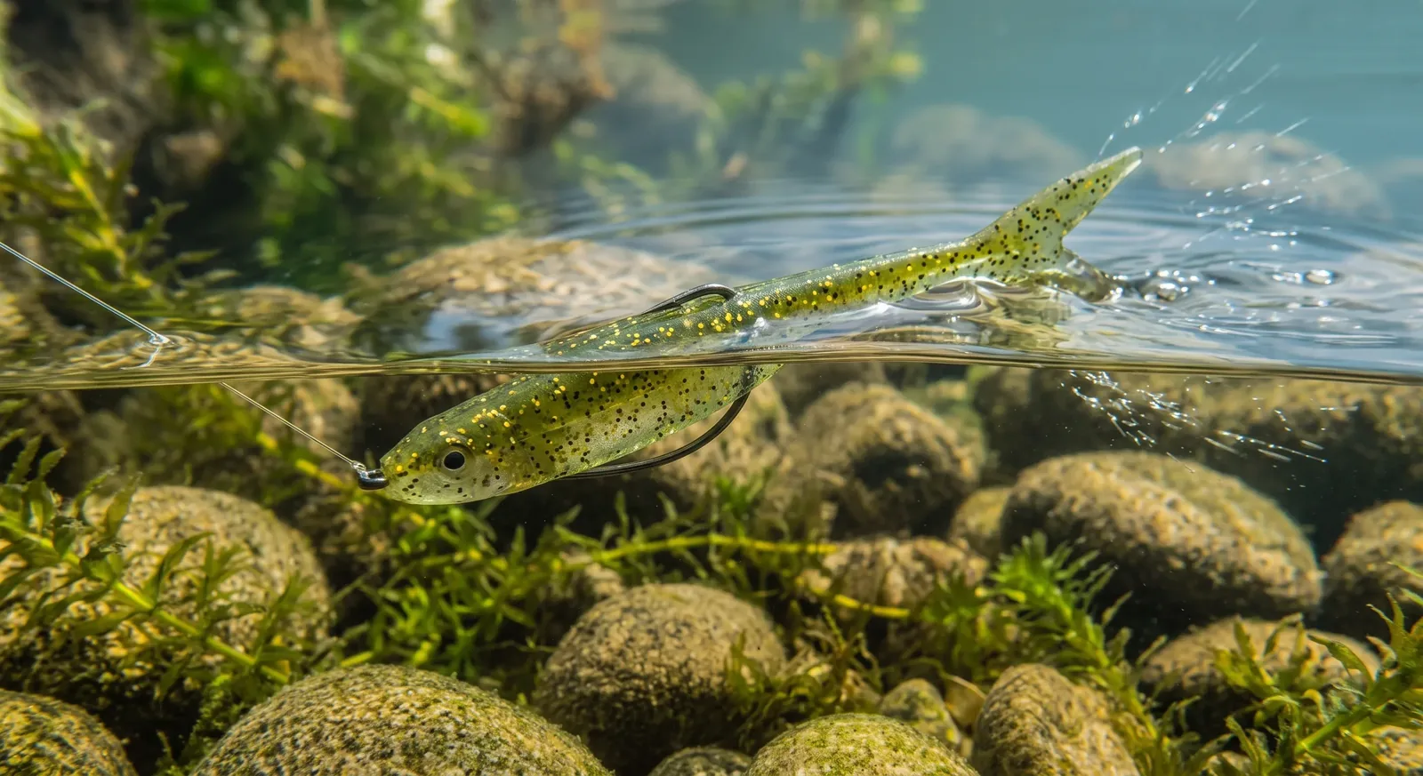 Jerkbait de vinilo tipo fluke con cuerpo en V flotando en la superficie del agua