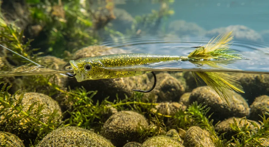 Popper de vinilo blando flotando en aguas calmadas junto a vegetación de orilla