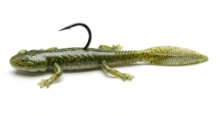 Salamandra de vinilo con cuatro patas y cola larga sobre vegetación acuática de primavera