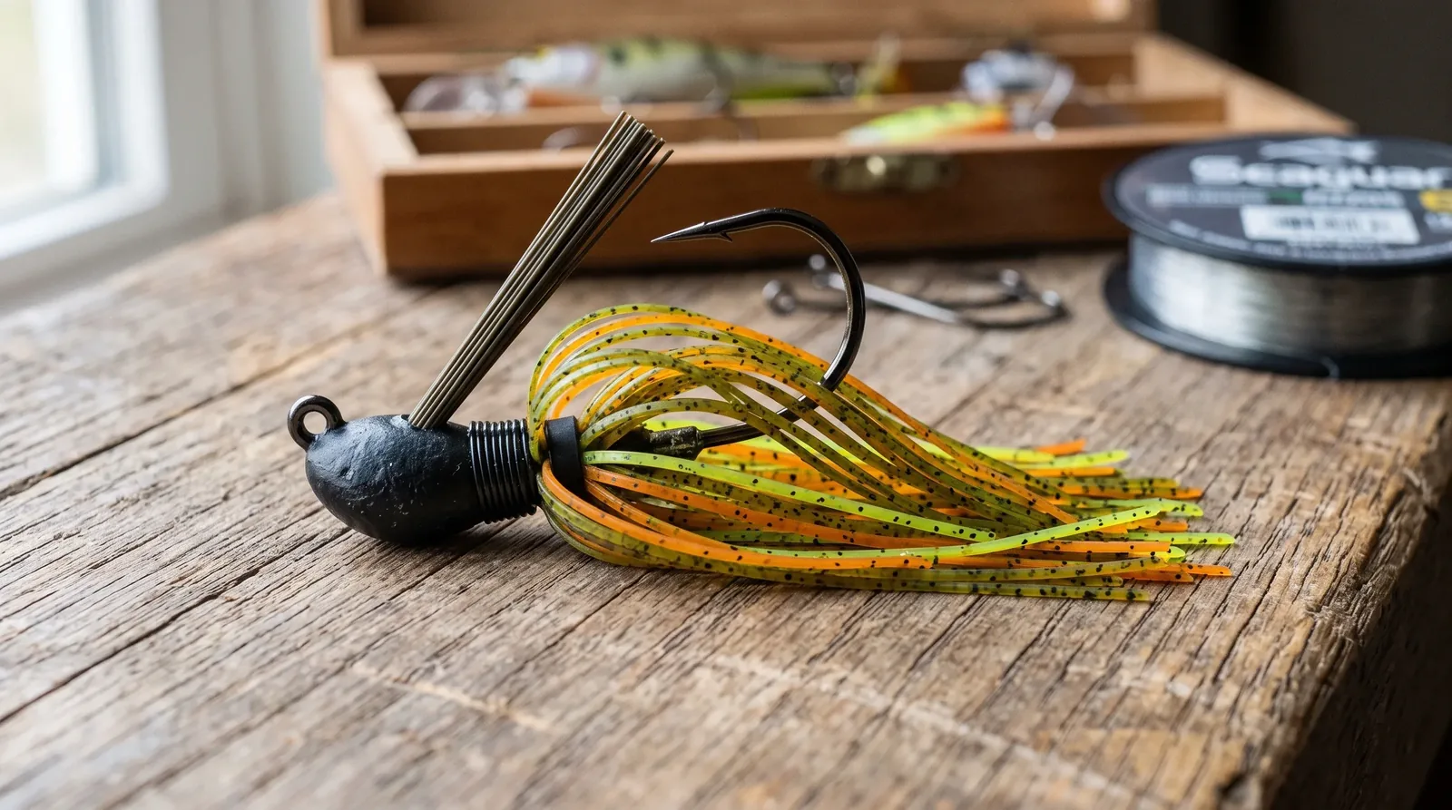 Jig con cabeza plomada y falda de silicona junto a un trailer de vinilo tipo craw