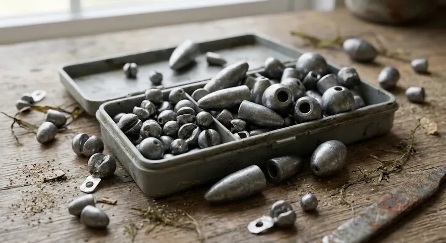 Plomos bala, oliva y de tungsteno para montajes de pesca de black bass en primer plano