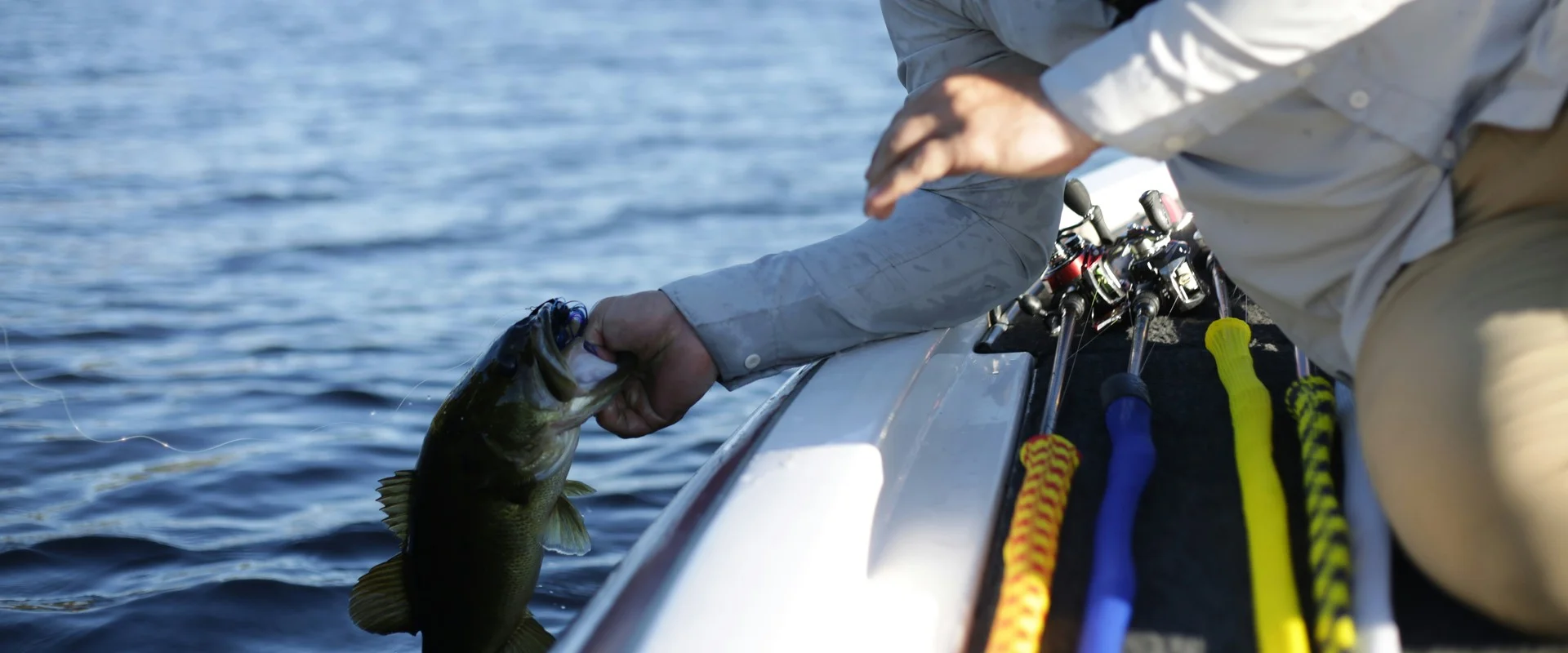 Pescador sujetando un black bass recién capturado en un embalse español al amanecer