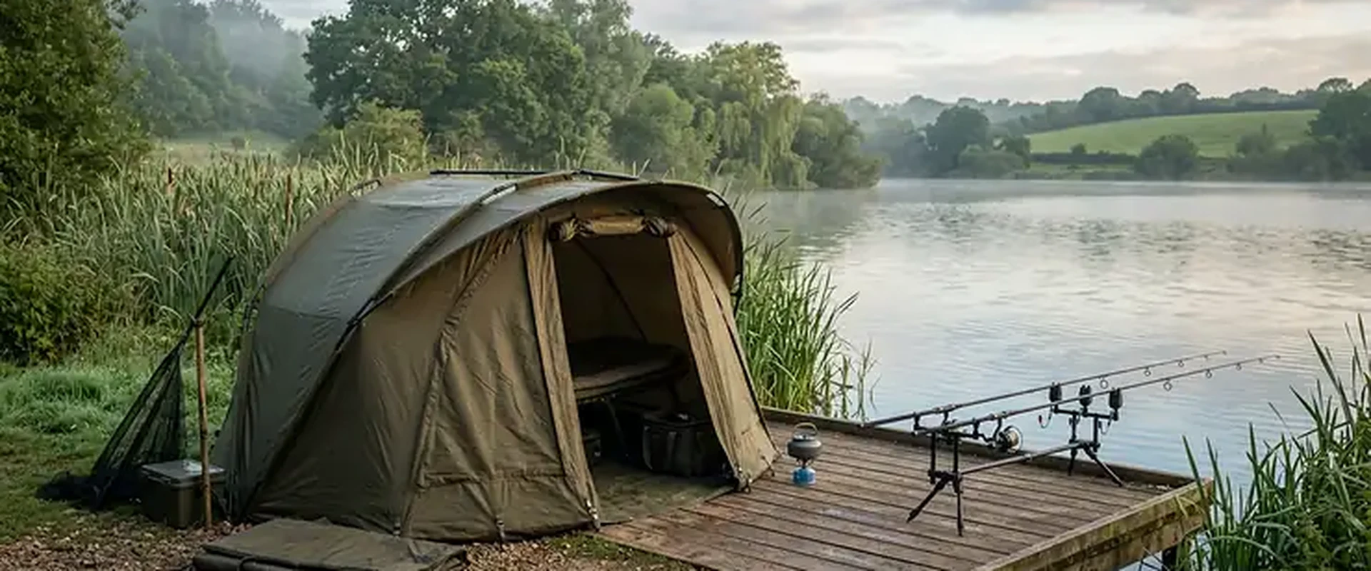 Sesión de carpfishing junto a un embalse español al atardecer, bivvy y cañas montadas en rod pod