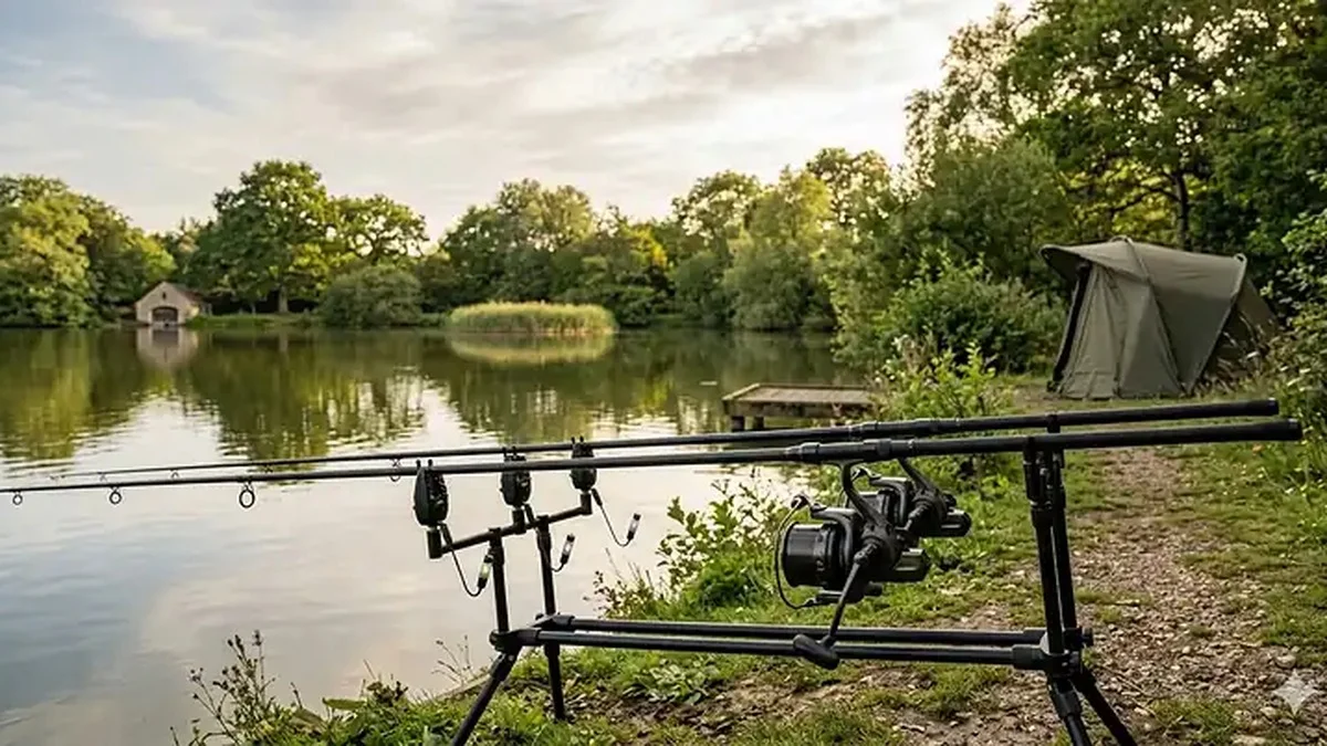 Set up completo de una sesión de carpfishing: rod pod, tres cañas, bivvy y silla